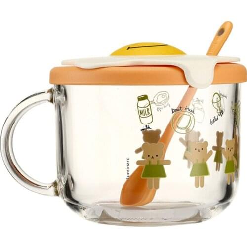 Cute Cartoon Glass Coffee Mug Microwaveable Heat Resistant Breakfast Milk Oatmeal Mug with Lid Office Tea Cup Drinkware 500ML