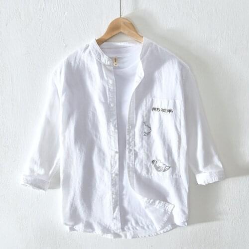 Mens Long Sleeve Feathers Embroidered Shirt Turn-down Collar Slim Fit Cool Linen Shirts White Soft Cotton Linen Men XXL Shirt
