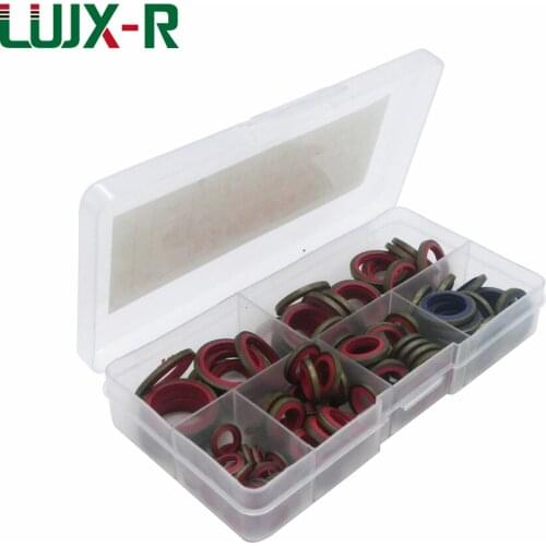 LUJX-R 100pcs Rubber NBR Metal Rings Sealing Assortment Set Flat Ring Seal Bonded Washer Kit for Oil Pipe Mechanical Gasket Box