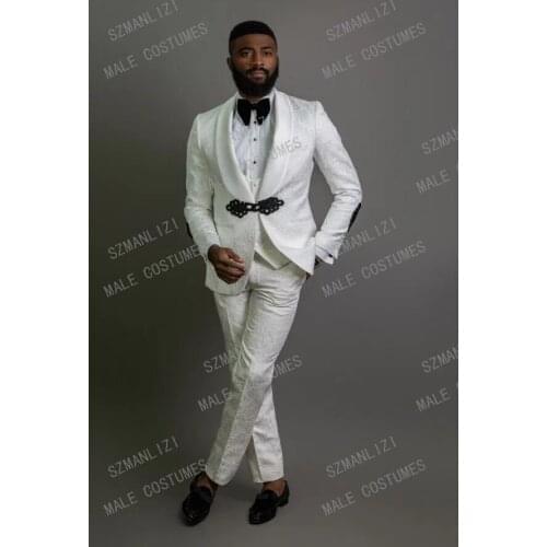 2020 New White Jacquard Men Suit 3 Pieces Tailor-made Suit Latest Design Tuxedo Wedding Casual Groom Best Man Costume Blazer