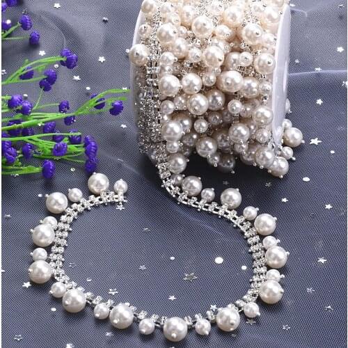 New Style 1 Yard 2Cm Tassels Clear Crystal Rhinestone Pearl Chain Trim Necklace Artcraft House Costume Sewing Wedding Decoration