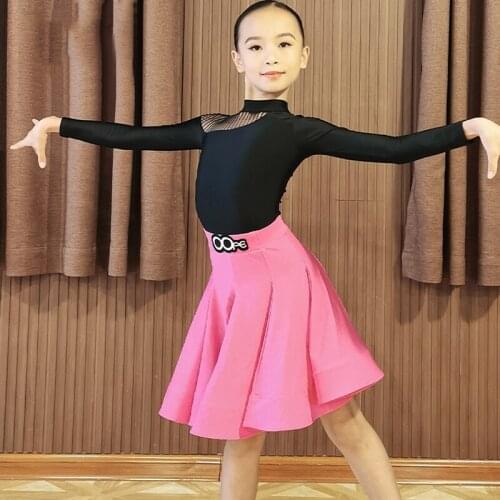 Girls Latin Dance Clothes Kids Long Sleeves Dress Suit Pink Latin Dance Skirt Performance Costume Children Birthday Dresses 4851
