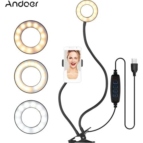 Andoer Webcam Light Stand 3.5 Inch Clip-On Mini USB Ring Light 3 Lighting Modes Dimmable Flexible Arms Design with Webcam Mount