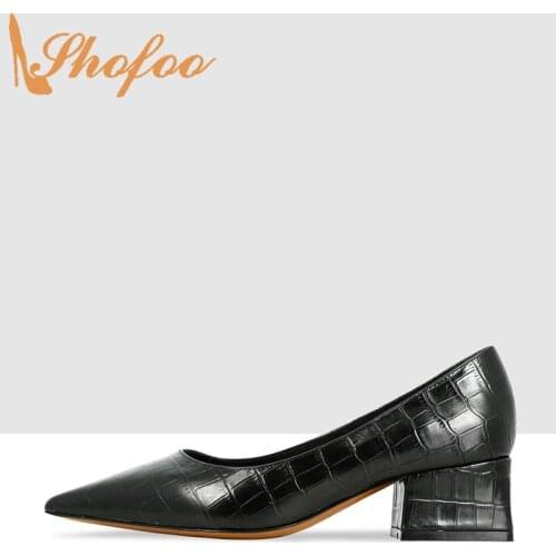 Black Croc Textured Med Chunky Heels Pointed Toe Pumps Woman Ladies Autumn Office Fashion Mature Shoes Large Size 12 15 Shofoo