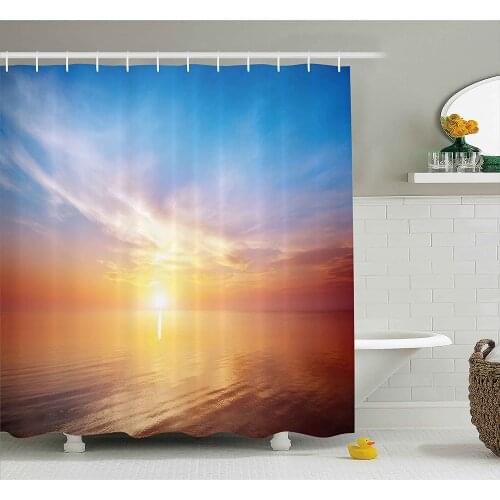 Sunrise Decor Shower Curtain Magical Horizon Seascape Bay Ocean Coastal Charm Sky Tranquil Summer Image Bathroom Curtains