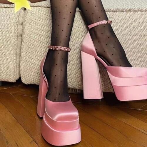 2021 Summer Sexy Ladies Sandals Super High Heel Thick Platform Buckle Strap Crystal Women Shoes Party Wedding Dress Female Pumps