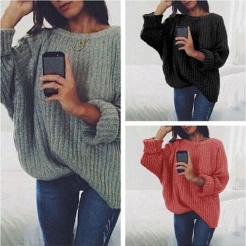 Autumn Winter Casual Fashion Lady Red Sweater Womens Round Neck Solid Color Sweater Long Sleeve Pullover Warm Sweater Plus Size