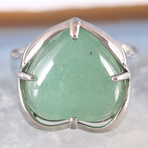 Finger Ring For Woman Natural Stone Gem Heart Beaded Ring Green Aventurine Resizable Ring Jewelry Gift 1Pcs Z410