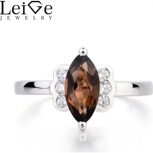 Leige Jewelry Natural Smoky Quartz Ring Promise Ring Marquise Cut Brown Gemstone 925 Sterling Silver Butterfly Shape Ring