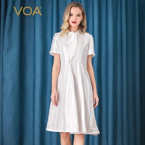 VOA Silk 14, off-White Silk Scarf Neck Tucker Pleat Design Lace Short Sleeve Slim Dress A901