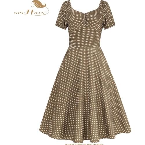 SISHION 2021 Summer Polka Dot A Line Dress VD1486 Women Ladies Blue Coffee Green White Short Sleeve Swing Retro Vintage Dress