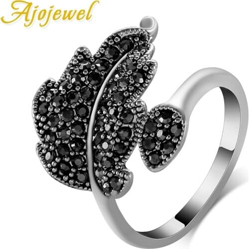 Ajojewel#7-9 Ladies Jewelry Fashion Pave Black Rhinestones Leaf Ring Vintage