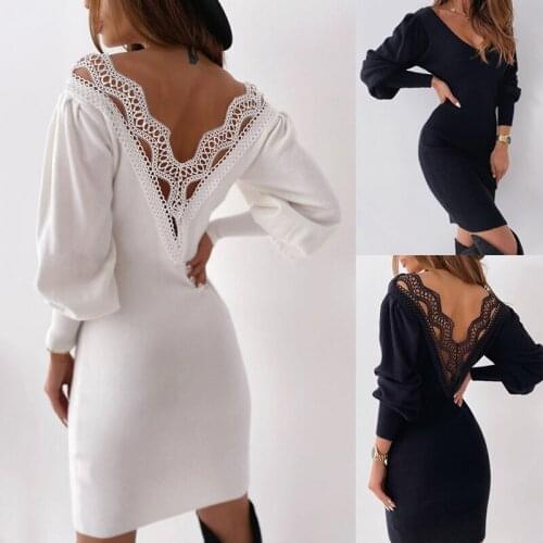 Open Back Dress Women Elegant Vintage Short Lace Dress Hollow Patchwork Sukienka Formal Long Sleeve Bodycon Dress Party Night Xl
