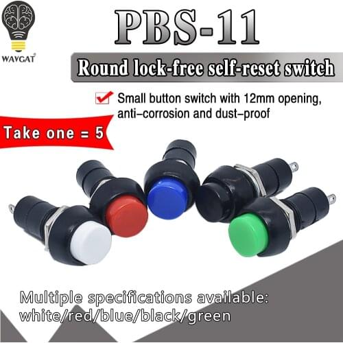 1Pack=5pcs PBS-11B 2PIN 12mm No Lock Self-Lock ON OFF Push Button Momentary Switch 3A 150V Black Blue Red Green Yellow