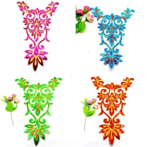 Sequined Flower Appliqued Iron on Patches Gold Silver Flower Cosplay Costumes Trims Head wear 15*25cm