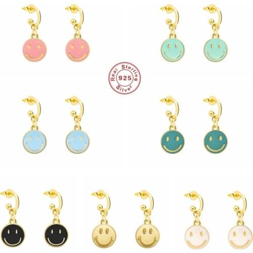 BOAKO 925 Sterling Silver Colorful Enamel Smiley Face Round Charm Dangle Earrings For Women C Shape Circle Pendant Drop Earrings