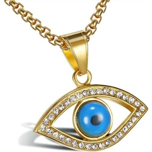 Evil Eye Pendant Necklaces for Men Women Titanium steel No Fade Gold Color 50cm Chain