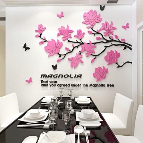 Magnolia Flower Acrylic 3D Wall Stickers Living room Restaurant DIY art wall decor Bedroom TV Background Home decoration
