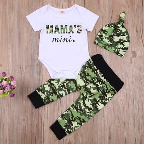 Newborn 3Pcs Romper Set Summer 2021, Short Sleeve Letter Printed Bodysuit with Camouflage Long Pants and Hat