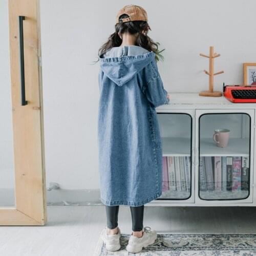 8 10 years Girls Denim Trench Coat Autumn Fashion Hoodie Long Jacket Teen Girls Outfit