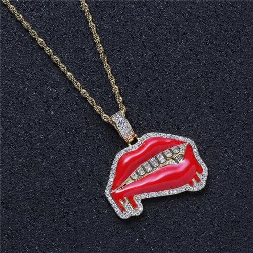 New Hip Hop Mouth Pendant Pave Cubic Zircon Necklace Sexy Red Lips And Crystal Teeth Charm Iced Out Jewelry