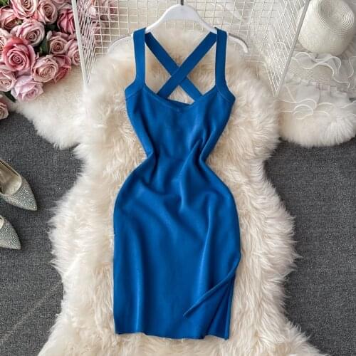 Gagaok Sexy Women Dresses Summer 2021 New Office Lady Sheath Hollow Out V-Neck Backless Elastic Slim Solid Knitting Clothes