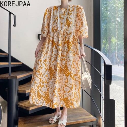 Korejpaa Women Dress 2021 Summer French Vintage Temperament Female Lace Stitching Contrast Printing Five-Point Sleeve Vestidos