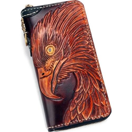 Man Genuine Leather Wallets Carving Eagle Bag Purses Men Long Clutch Vegetable Tanned Leather Card Holder Wallet Boyfriend Gifts