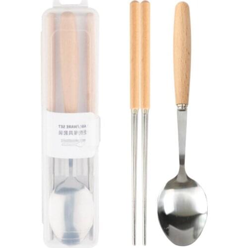 Creative Chopsticks Spoon Set Stainless Steel Coffee Spoons Chopsticks with Wooden Handle Dinnerware Home Kitchen Supplies D