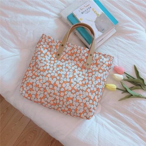 Japanese Style Fashion Lady Square Plaid Contrast Women Floral Handbag Casual Sweet Customized Cotton Shopping Bag