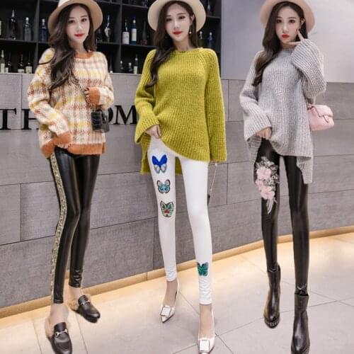 Fashion Womens Leggings Sexy Casual Cashmere Skinny Leather Leg WinterWarmer Vevet Embroidery Leggins Pants Trousers Womans