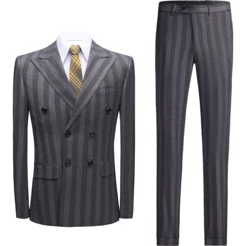 Two Splits Striped Wedding Suit Men Slim Fit Mens Double Breasted Suits Elegant Prom Party Groom Wear (Jacket+Pants)