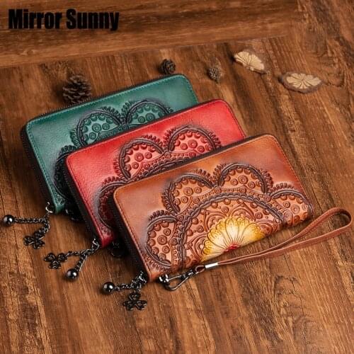 New First Layer Cowhide Genuine Leather Wallet Ladies Long Zipper Purse Retro Clutch Bag Handmade Womens Cellphone Wallet