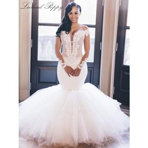 Lceland Poppy Sexy Mermaid Wedding Dresses 2020 Boat Neck Vestido De Noiva Full Sleeves Lace Appliques Floor Length Bridal Gowns