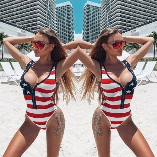 Sexy American Flag Print Women One Piece Bikini Striped Star Swimsuits For Ladies Girls High Cut Swimwear Swim Bathing Suit 2021