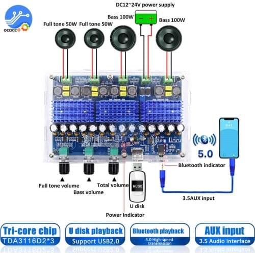 XH-A310 Bluetooth 5.0 Amplifier Board TPA3116 Audio 50Wx2+100Wx2 4 Channel Digital Power AMP Dual Bass Subwoofer Home Theater