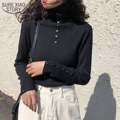 2021 Korean New Autumn and Winter Solid Color Long Sleeve Womens Sweater Slim Womens Womens Turtleneck with Buttons 11954