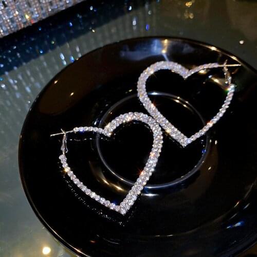 VSnow Hyperbole Bling Bling Love Heart Hoop Earrings for Women Unique Design Rhinestone Hollow Out Earrings Engagement Jewellery