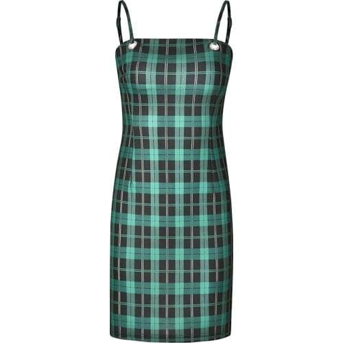 Green Sexy Spaghetti Strapless Plaid Dress Women Retro A-Line Mini Dresses 2021 Summer New Beach Dress QZ0271