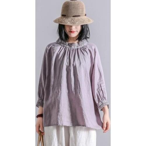 Johnature Summer New Vintage Linen Patchwork Lace Loose Solid Color Women Shirts 2021 Simple O-neck Three Quarter Sleeve Tops