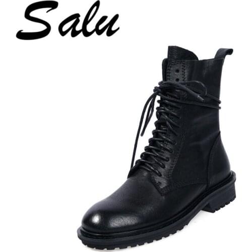 Salu Real Leather Women Shoes Cow Leather Woman Ankle Boots Brogue Shoes Ladies for Women Chelsea Boots Size 41
