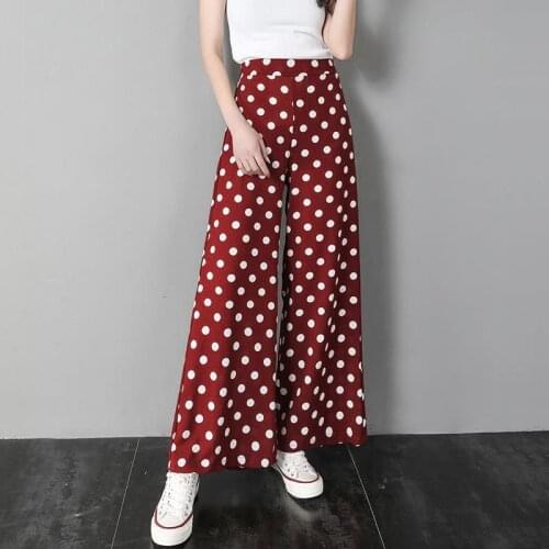 Womens Elastic Waist Long Trousers 2021 Vintage Polka Dot Printed Wide Leg Pants Summer Pantalon Casual Palazzo Plus Size Y838