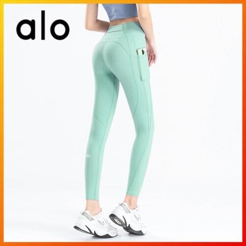 Alo Yoga Womens leggings Nylon Slim Hip Pants Fitness Casual Running Squat Riding Shaping Pants High Waist Side Back Pocket