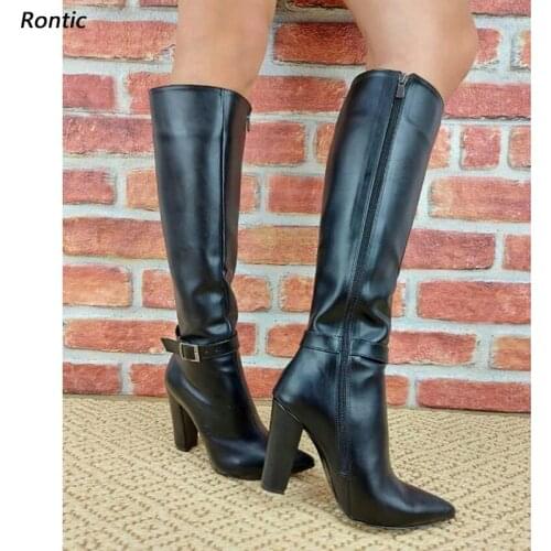 Rontic Handmade Women Winter Knee Boots Unisex Buckle Strap Chunky Heels Pointed Toe Elegant Black Dress Shoes US Size 5-15