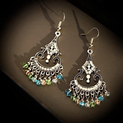 Womens Vintage Ethnic Carved Jhumka Earrings Indian Jewelry Tribe Bohemia Corful Beads Tassel Earrings