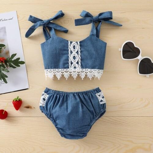 0-3Y Summer Baby Girls Sweet Clothes Sets 2pcs Lace Floral Sleeveless Belt Denim Vest Tops Shorts