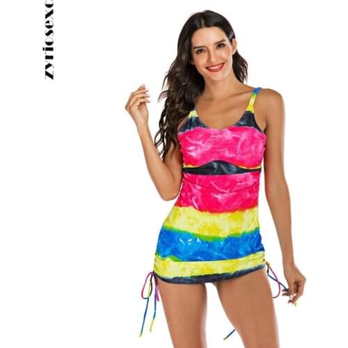 ZY 2021 New Summer Women Surfing Suit Sleeveless Split female Swimsuit Hot Spring Vest Drawstring Tie Dye Printed Swimwear Beach