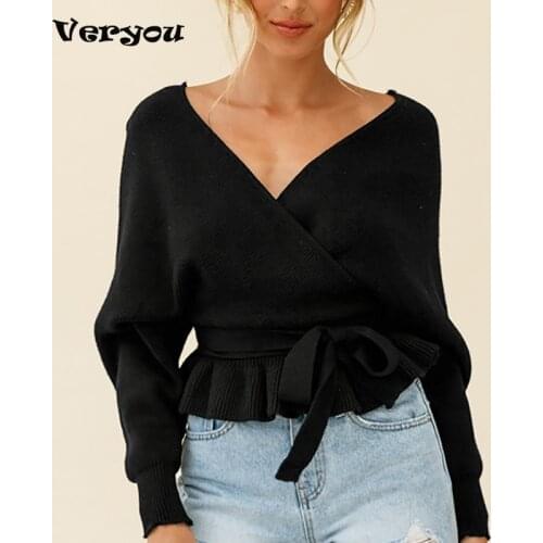 2021 All-Match Casual Women Warm Loose Long Sleeve Sweaters Knitted Solid Color Deep V-Neck Ruffled Pullover For Spring Autumn
