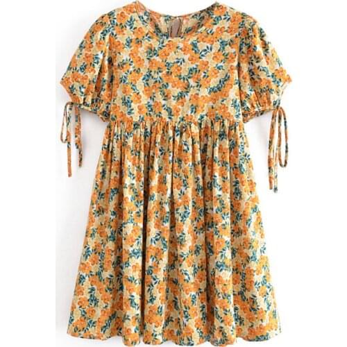 Boho Stlye Floral Print A Line Mini Dress Women Short Sleeve O Neck Pleated Sundress Female Chic Beach Party Dresses