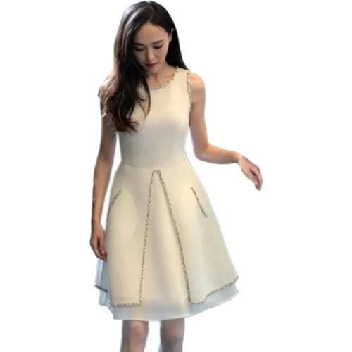 116 Fashion scoop-neck sleeveless A-line above-knee organza-satin homecoming dresses/formal gowns pockets&beaded free shipping